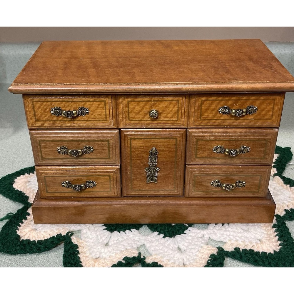 vintage Armoire jewelry box Chest Taiwan Centurion Drawers Mirror Wooden Ornate